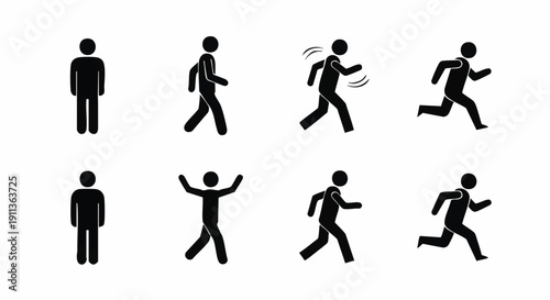 A set of eight black silhouette icons depicting people running, walking, and celebrating on a white background, representing Smart City Solutions for urban planning and mobility.