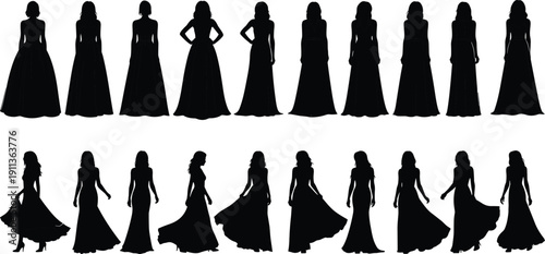 Black silhouette elegant women wearing long evening gowns in different standing and walking poses fashion vector set