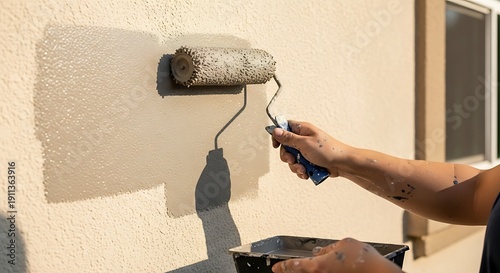 Painting exterior wall with roller, residential improvement and enhancement