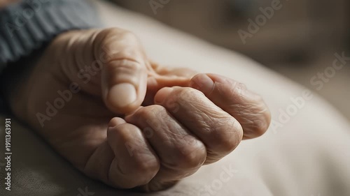 Video close up of elderly hands resting on a surface.