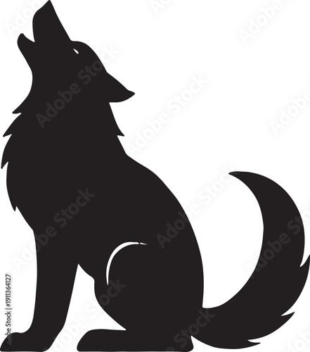 Sitting Howling Wolf Silhouette with Curved Tail Vector Illustration