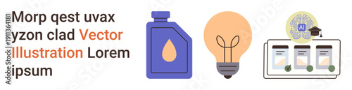 Education, innovation, technology, energy, learning, inspiration. a glow lamp, AI brain and natural oil container. Education and innovation by AI and a glowing lamp