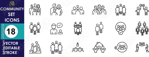 Minimal line community set icons showing people, families, groups, leadership, support, communication, organization, and social interaction in clean editable vector stroke style design