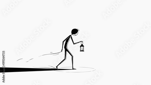 Simple black and white stick figure character walking while carefully holding a small illuminated lantern searching for direction or guidance on white background