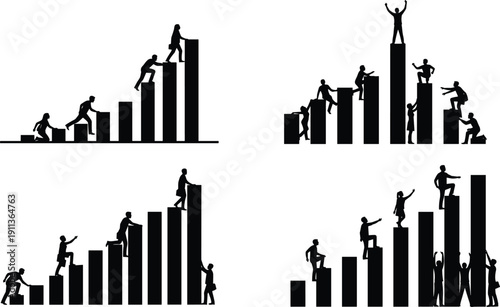 Business growth silhouettes climbing bar charts representing teamwork leadership success and financial progress isolated on white