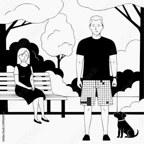 Black and white illustration featuring a standing man with a dog beside him and a woman sitting patiently on a park bench in the outdoors on white background