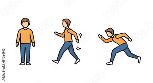 Illustration of a man in three poses, standing still, walking, and running, wearing an orange shirt and blue jeans on a white background, conveying smart city solutions through simple