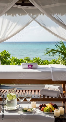 Serene spa retreat with ocean view and refreshing amenities setup ready