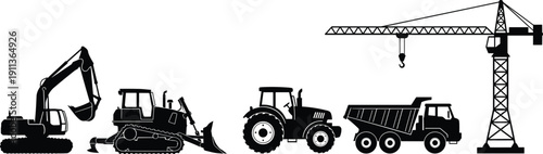 construction, machinery, excavator, bulldozer, tractor, dumptruck, crane, vehicle, equipment, industrial, heavy, transport, engineering, building, vector, 