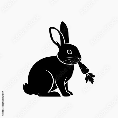 A striking black silhouette depicts a rabbit in a seated position enjoying a vibrant orange carrot showcasing nature s simplicity as a silhouette