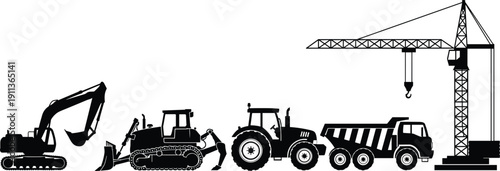 Construction machinery silhouettes including excavator bulldozer tractor dump truck and crane isolated on white background vector illustration
