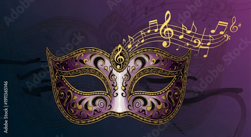 Ornate purple masquerade mask with gold accents and musical notes on a dark background for mardi gras or opera themed events and celebrations
