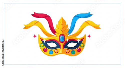 Vibrant mardi gras mask with colorful feathers and sparkles on white background
