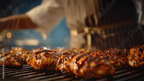 Grilled Chicken on Barbecue Sizzling Meat on Grill