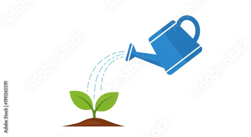 Blue watering can pouring water on a small green plant growing in brown soil