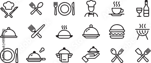 Food Icons Set Black Outline Vector Collection for Apps and Web