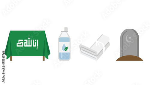 Islamic Funeral Janazah Equipment Icon Set, Coffin Shroud Camphor Gravestone Collection