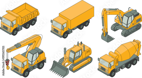 Isometric construction vehicles illustration set featuring dump truck, cargo truck, excavator, crane truck, bulldozer, and concrete mixer for industrial, engineering, and heavy machinery concepts