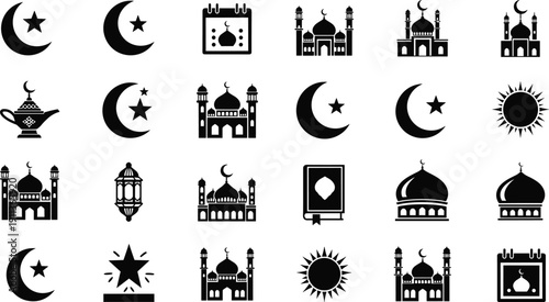 Collection of Islamic icons featuring crescent moons, stars, mosque silhouettes, Ramadan calendars, lanterns, and sun symbols for religious holiday planning and minimalist vector design