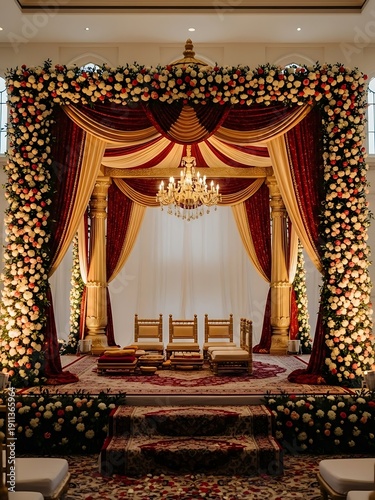 Exquisite wedding mandap adorned with floral arrangements and elegant drapery