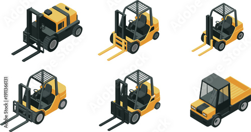 Isometric forklift truck and warehouse vehicle icons set showing industrial material handling, logistics transport, loading equipment, factory supply chain operations isolated on white background 