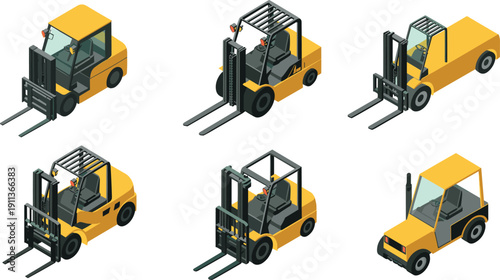 Isometric forklift truck icons set showing warehouse logistics vehicles, industrial material handling equipment, loading and lifting machines isolated on white background illustration