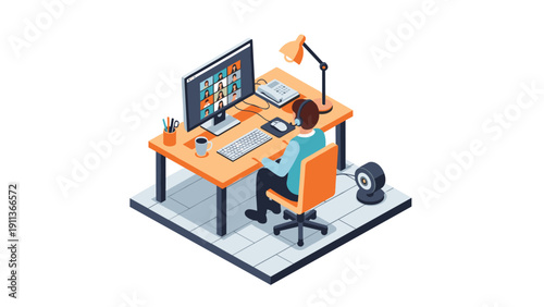 Isometric home office setup with video call on computer screen and