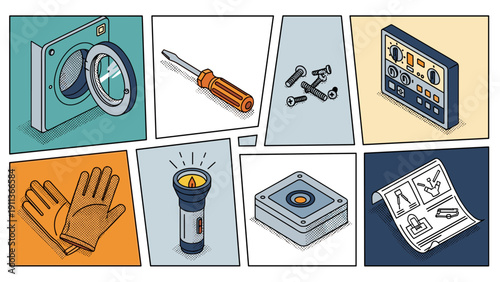 Retro pop art style diy tools and equipment in comic panels