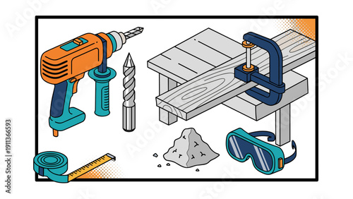Colorful isometric woodworking tools and equipment illustration set