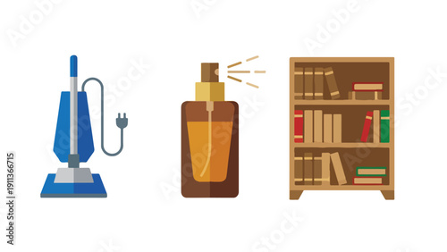 Mosque Maintenance and Cleaning Tool Icon Set, Vacuum Scent Cap Bookshelf Collection Illustration