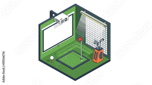 Isometric indoor golf simulation room with projector and putting green
