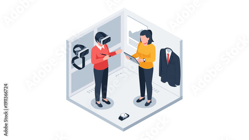 Virtual reality shopping experience in isometric design featuring