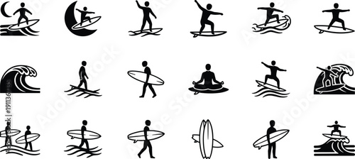 Black silhouette surfing icons set with surfers waves boards and ocean poses for summer water sports vector illustration