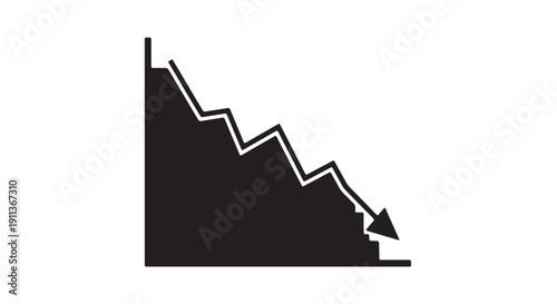 Downward trend graph in simple black silhouette with jagged line and arrow pointing down in stark white background for financial analysis