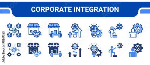 Corporate Integration Icon Collection,  featuring Business Integration, Acquisition, Collaboration, Investment, Business Strategy, Leadership.