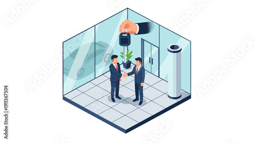 Isometric business deal in office with car reflection and key exchange