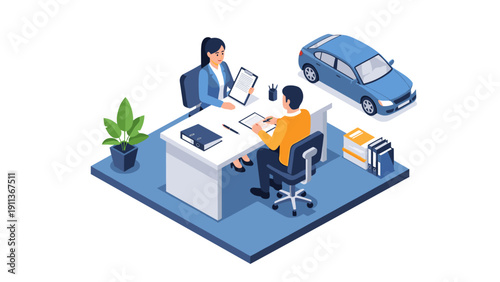 Isometric office meeting with car deal concept and professional