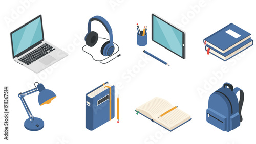 Isometric office and study essentials with technology and stationery
