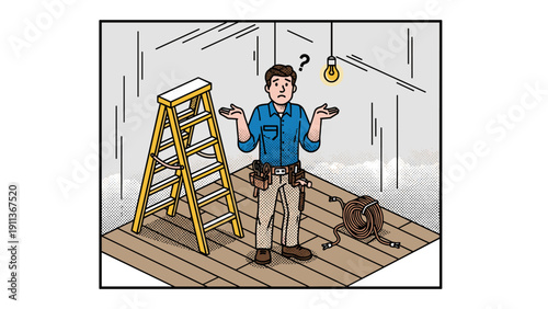 Confused worker in construction scene with question mark above head