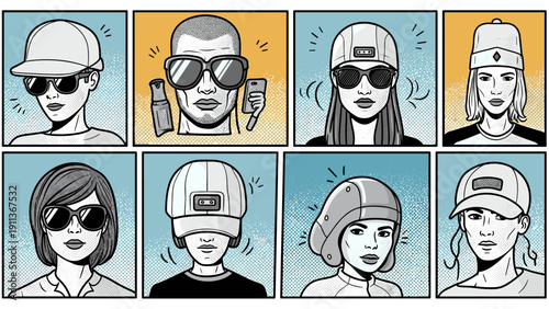 Comic-style portraits featuring people wearing various headgear and