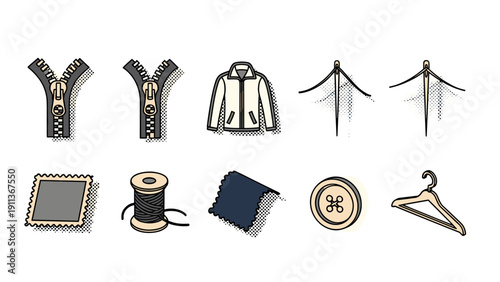 Sewing tools and clothing icons in vintage pop art style