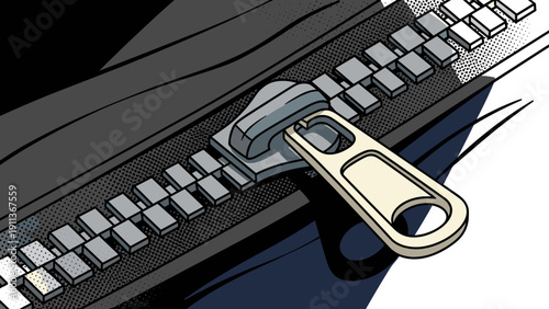 Close-up of jacket zipper in retro comic art style with bold colors