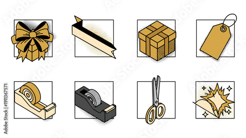 Modern flat icons: gift wrapping essentials and stationery elements