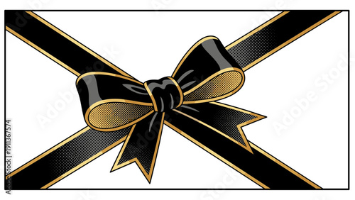 Elegant black and gold ribbon bow on white background for gift