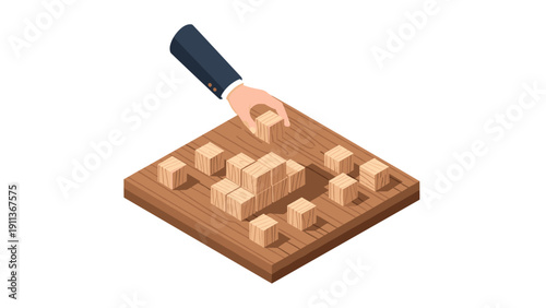 Hand placing wooden blocks on puzzle board in isometric style