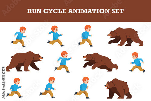 Cartoon run cycle animation set featuring a boy and a bear in various running poses ideal for graphic design projects