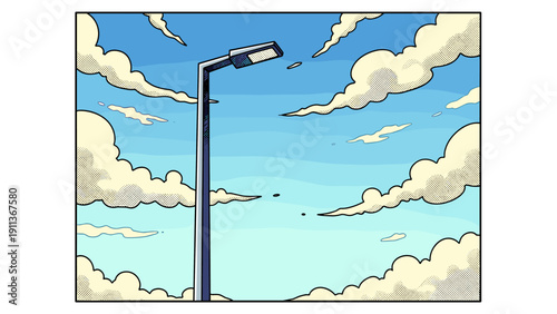 Comic style lamppost against cloudy sky with pop art elements