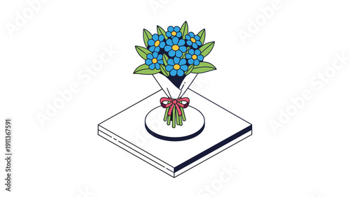Colorful floral bouquet on square pedestal displayed in isometric
