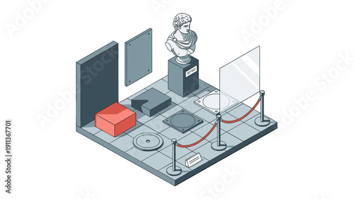 Isometric museum exhibit with pedestal, sculpture, and rope barrier