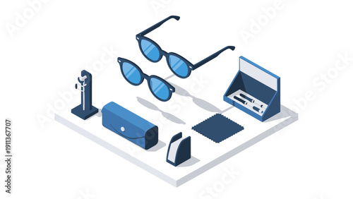 Isometric eyeglasses set with case and cleaning tools on white